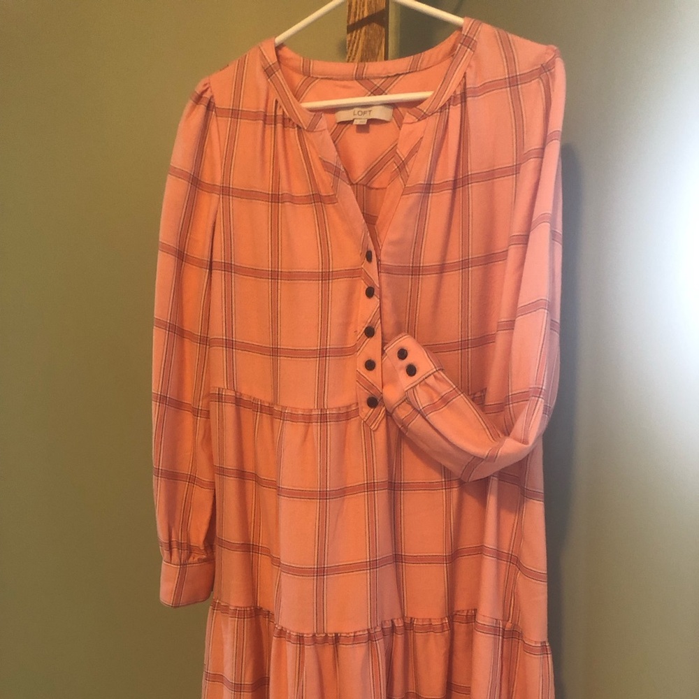 LOFT Muted Orange Plaid Long Sleeve Dress